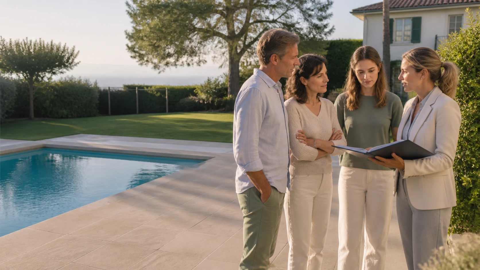 Une famille et une spécialiste préparent un projet d’abords de piscine dans un jardin suisse romand