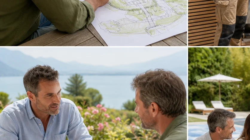 Une propriétaire remet un dossier de photos et de plans d’abords de piscine à une professionnelle