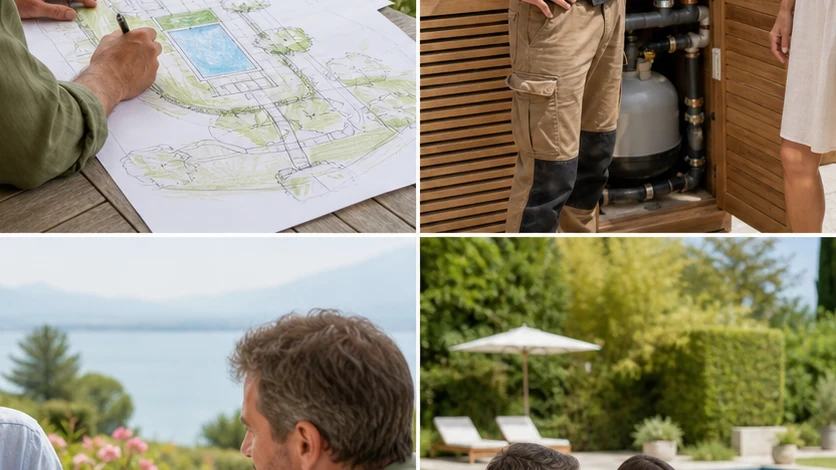 Une propriétaire identifie les zones d’usage et de circulation autour de sa piscine sur un croquis de jardin