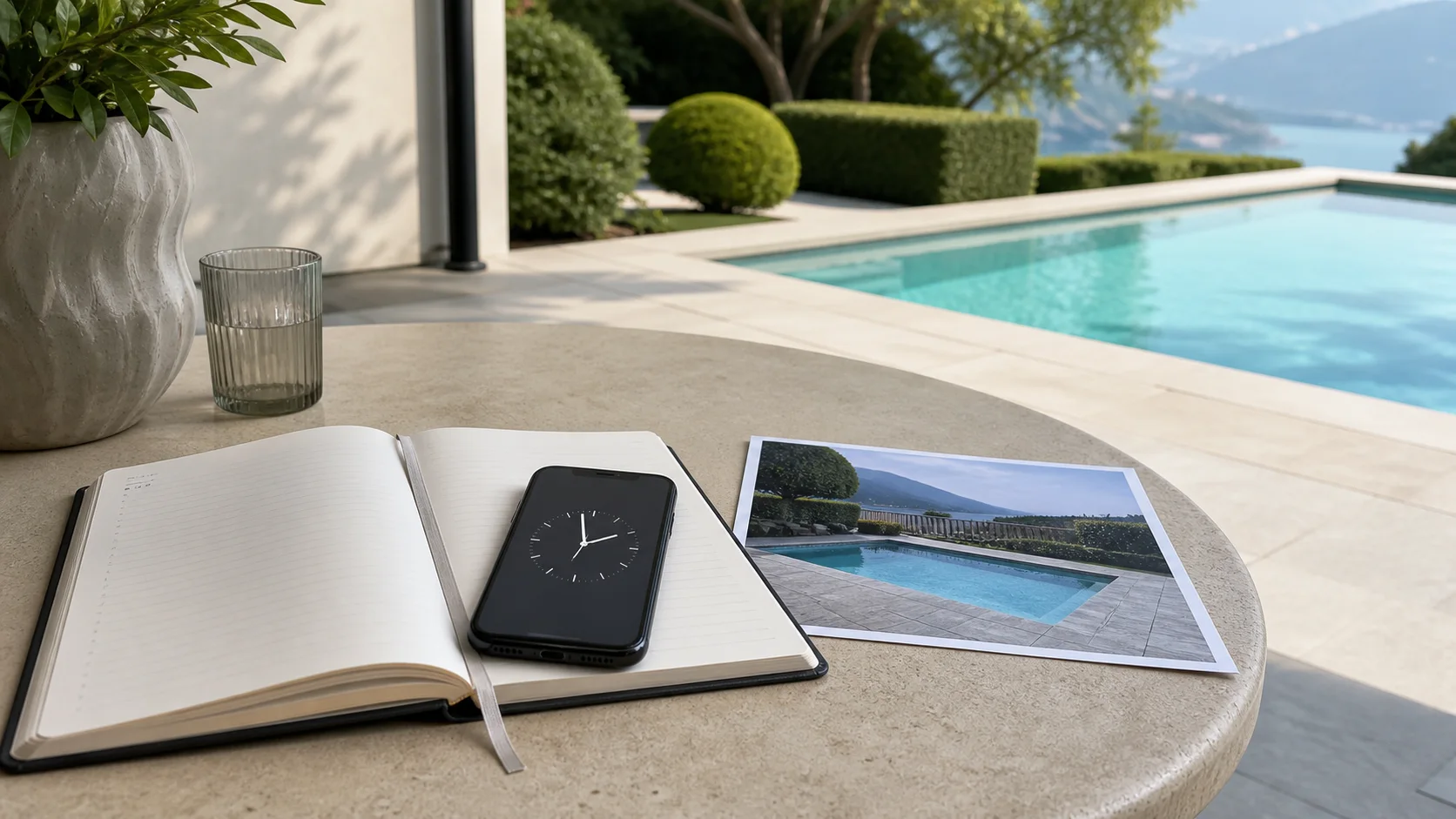 Carnet de suivi, photographie datée et téléphone affichant une heure de cycle devant une piscine privée